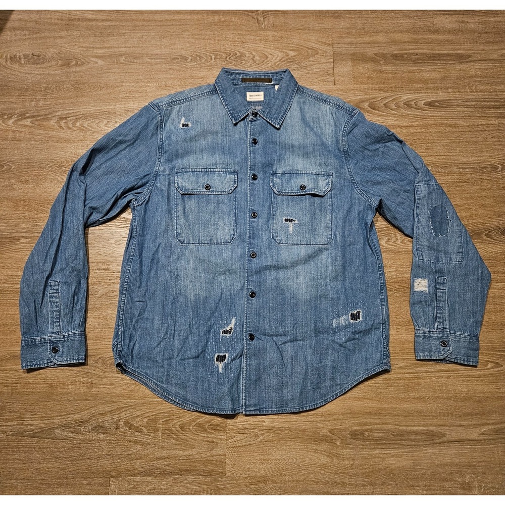 Todd Snyder Denim Shirt Mens XL NWOT Distressed Patch Repair Workwear Blue